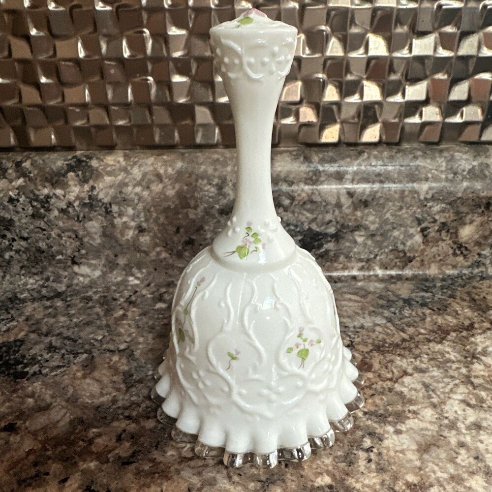 Fenton HP Milk Glass Spanish Lace "Violets in the Snow" Ruffled Bell~Signed